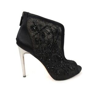 BCBG Max Azria Deedie Peep-Toe Bootie Black Lace Beaded Zipper Back Silver Heel